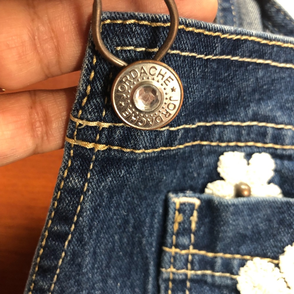 Kids Jordache Shortalls Size 10-12 Large Embroider Denim Overalls Shorts Girls - Picture 10 of 15